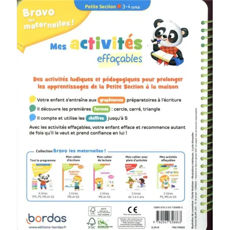 Bravo les maternelles ! : mes activités effaçables ; PS (édition 2021) - Collectif - Éditions Bordas - Grand format - Espace... 