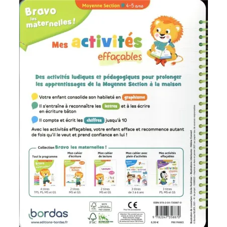 Bravo les maternelles ! : mes activités effaçables ; MS - Collectif - Éditions Bordas - Grand format - ravate.com librairie reun