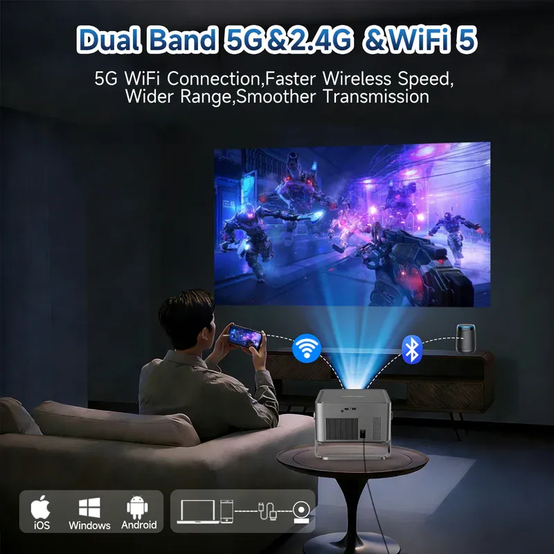 Mini vidéoprojecteur portable Android 14, 1100ANSI 1080P HY450GT grise - MAGCUBIC - HY450GT