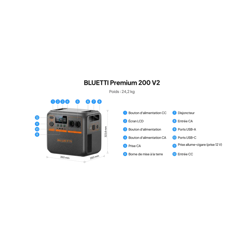 Station électrique BLUETTI Premium 200 V2 - 2 700 W / 2 073,6 WH