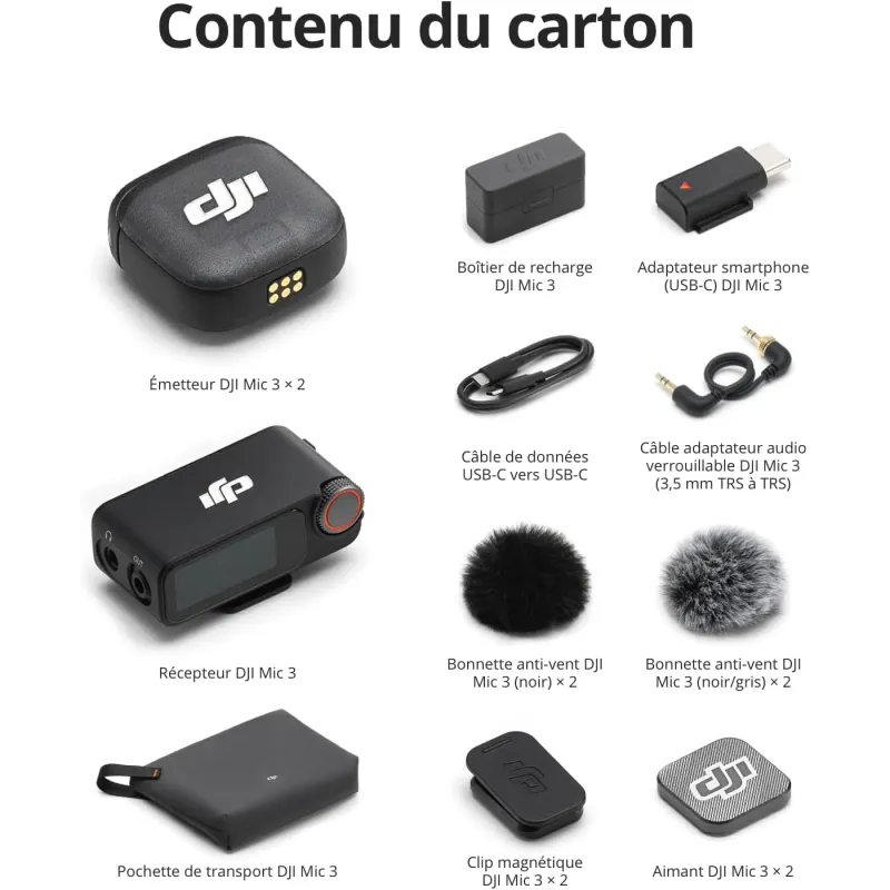 Mini micropone sans fil Mic 3 2TX + 1 RX noir - DJI - DJI16344