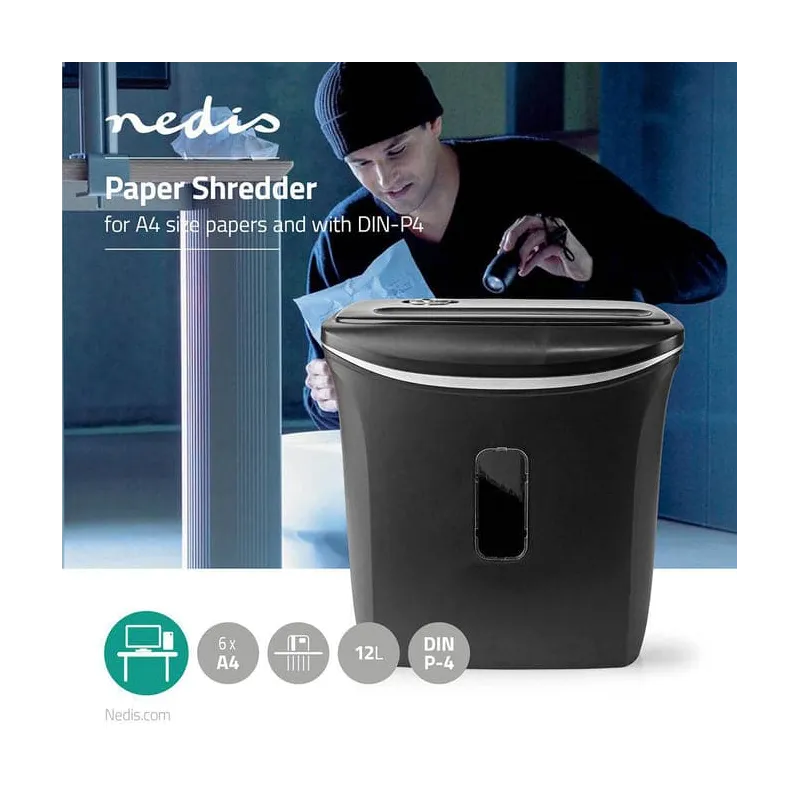 Destructeur de papier 6 feuilles A4 300W 12L Noir - NEDIS - PASH120BKA4