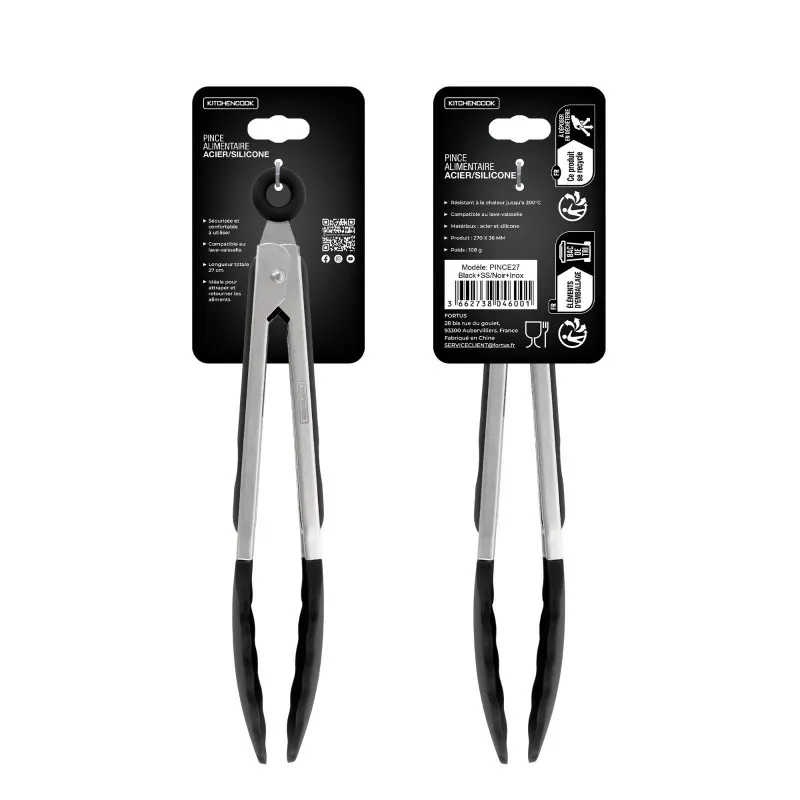 Pince alimentaire en inox et silicone 27 cm Noir - KITCHENCOOK - PINCE27