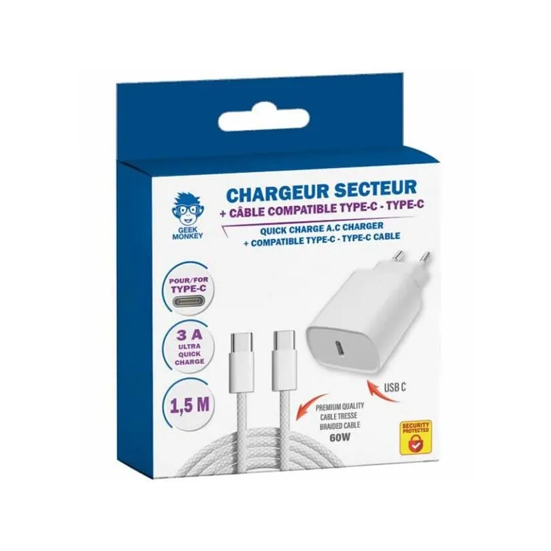 Chargeur secteur USB-C 20W avec câble USB-C vers USB-C 1,5 m Blanc - GEEK MONKEY - GM050