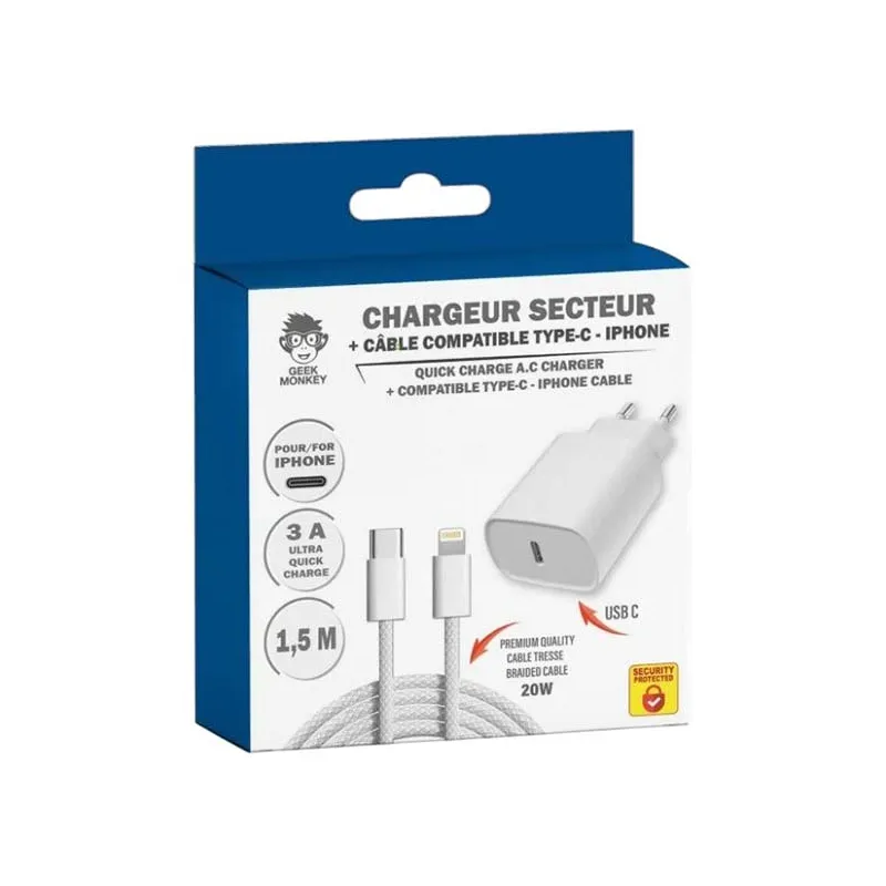 Chargeur secteur USB-C 20W avec câble USB-C vers Lightning 1,5 m - GEEK MONKEY - GM060