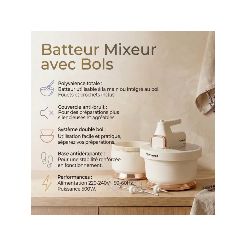 Batteur mixeur avec bol 500W - TECHWOOD - ROBTMB340TECH