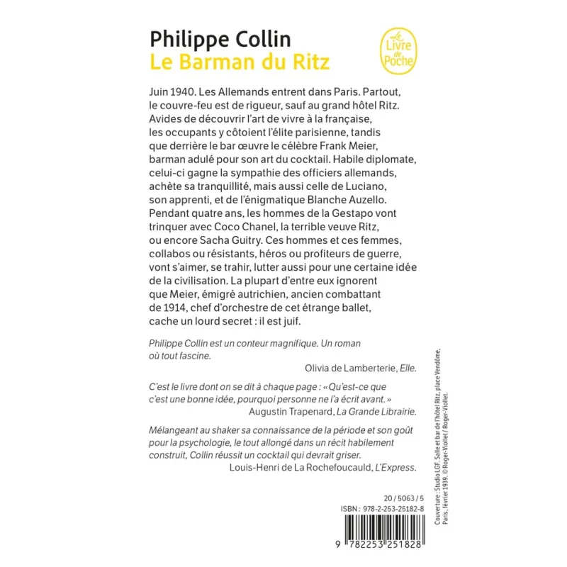 Le Barman du Ritz - Philippe Collin - Le Livre de Poche - Poche - ravate.com librairie reunion