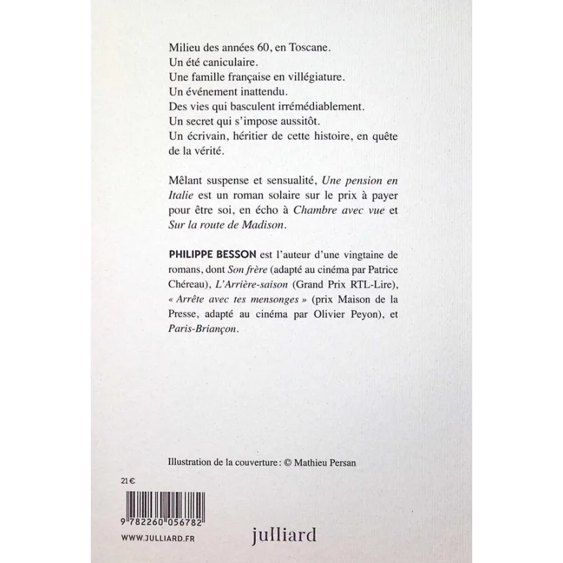 Une pension en Italie - Philippe Besson - Éditions Julliard - Grand format - ravate.com librairie reunion