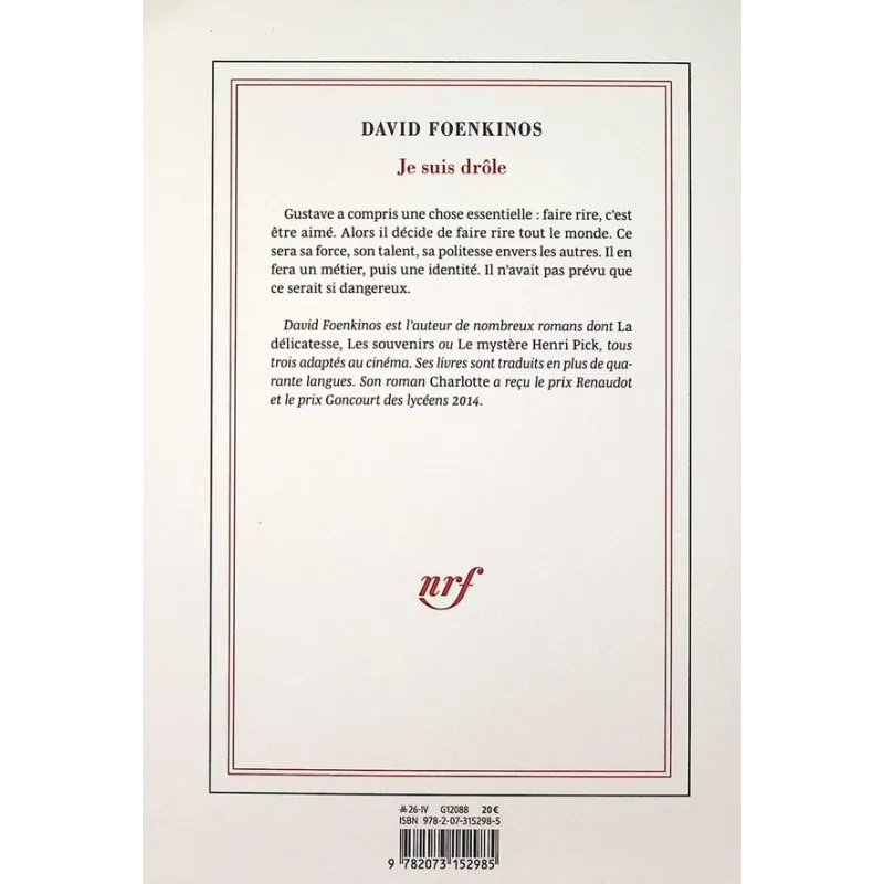 Je suis drôle - David Foenkinos - Gallimard - Grand format - ravate.com librairie reunion