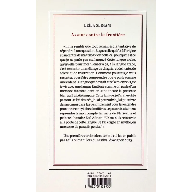 Assaut contre la frontière - Leïla Slimani - Gallimard - Grand format - ravate.com librairie reunion