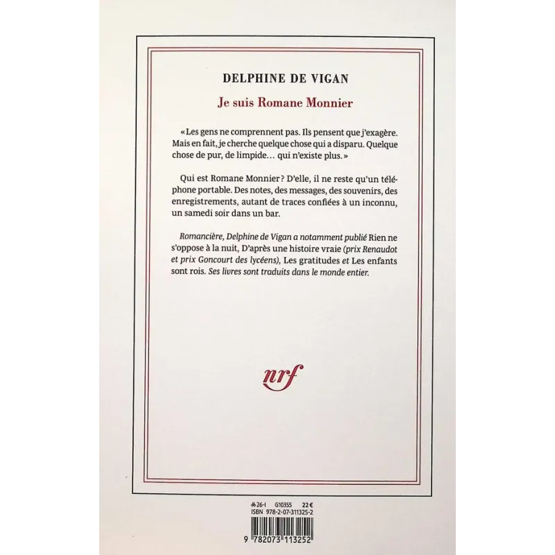 Je suis Romane Monnier - Delphine de Vigan - Gallimard - Grand format - ravate.com librairie reunion