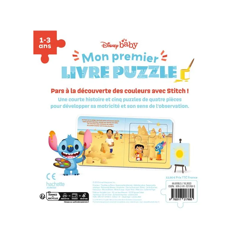 Mon premier livre puzzle : Disney Baby : Stitch et les couleurs - Disney - Disney Hachette - Grand format - ravate.com...