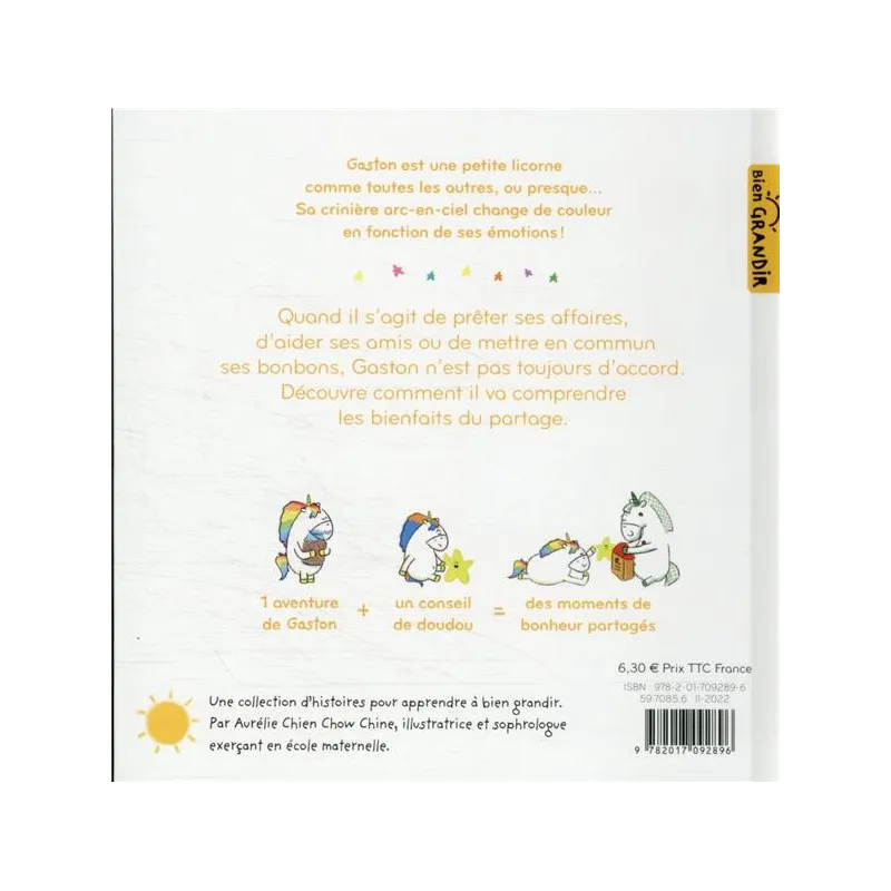 Gaston la licorne : les émotions de Gaston : je partage - Aurélie Chien Chow Chine - Hachette Enfants - Grand format -...