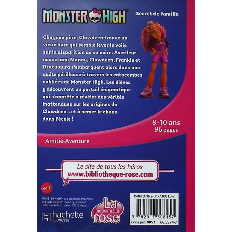 Monster High Tome 7 : Secret de famille - Mattel - Hachette Jeunesse - Poche - ravate.com librairie reunion