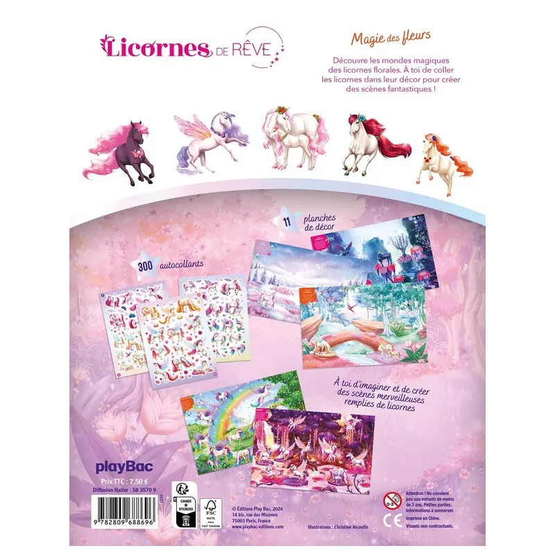 Licornes de rêve : Magie des fleurs : Cahier de stickers - Christine Alcouffe - Play Bac - Papeterie / Coloriage -...