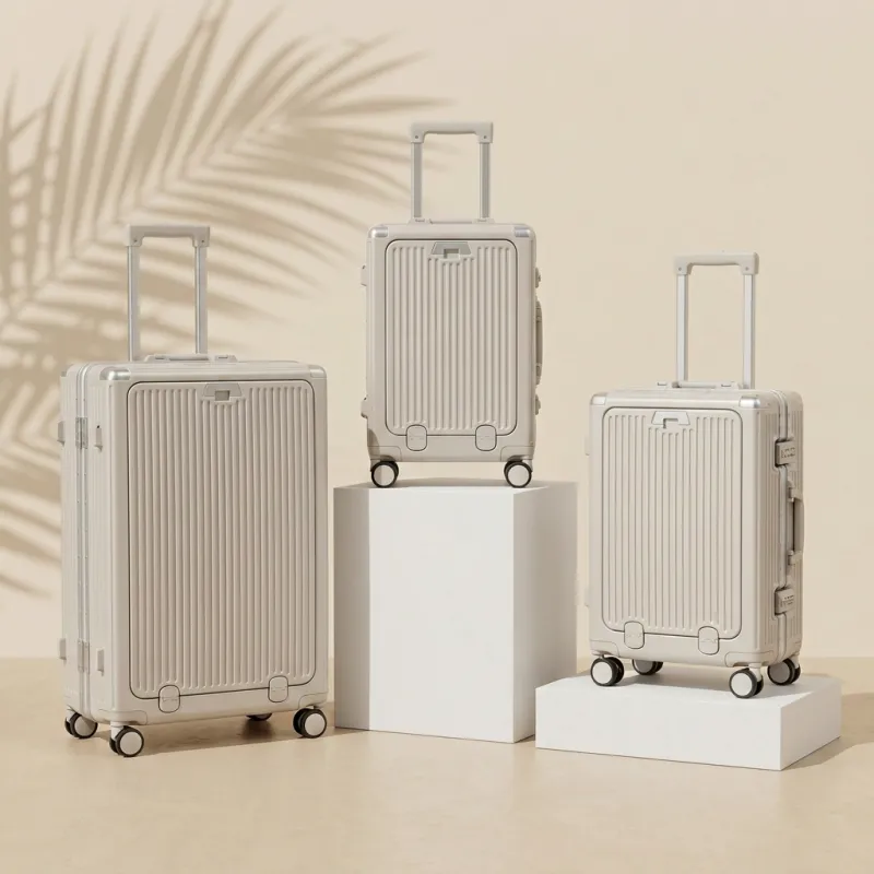 Lot de 3 valises beige en polycarbone, port USB et support bouteille, serrure TSA