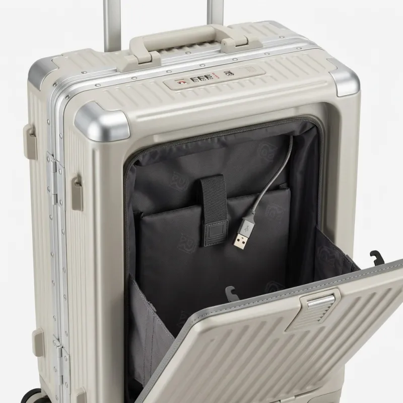 Lot de 3 valises beige en polycarbone, port USB et support bouteille, serrure TSA