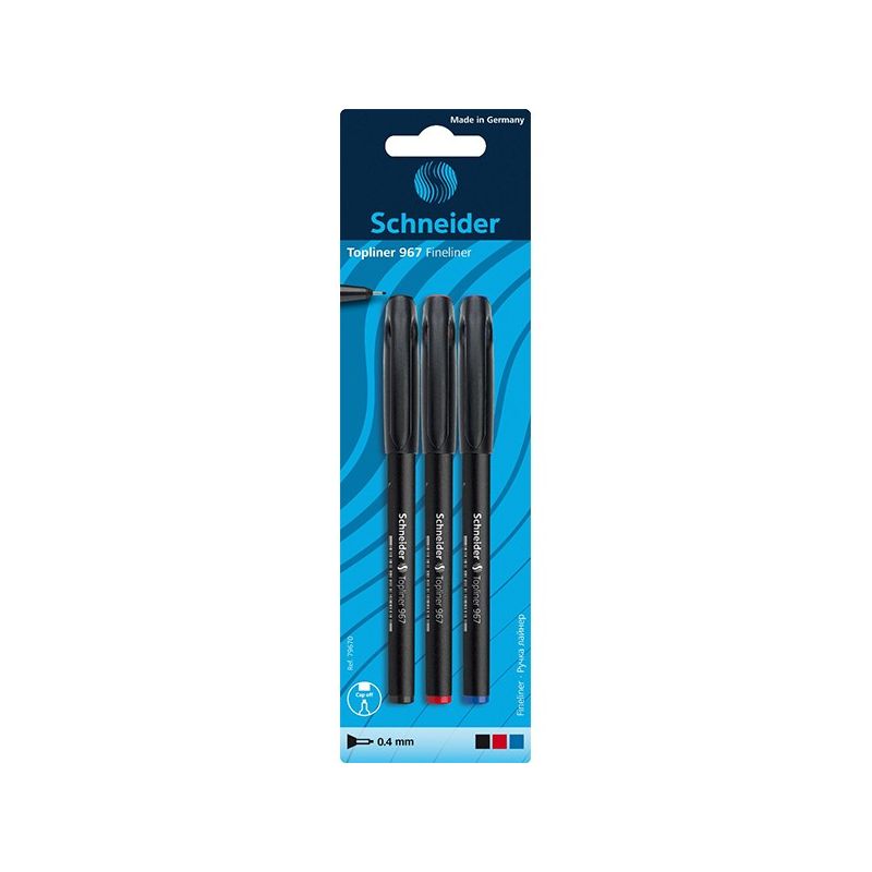 Lot de 3 stylos feutre 0.4 mm Topliner 967 bleu / rouge / noir - SCHNEIDER - 79670