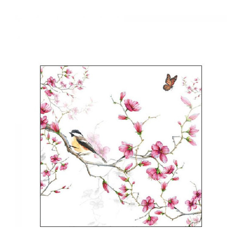 SERVIETTE PAPIER 25 OISEAU/FLEUR BLANC