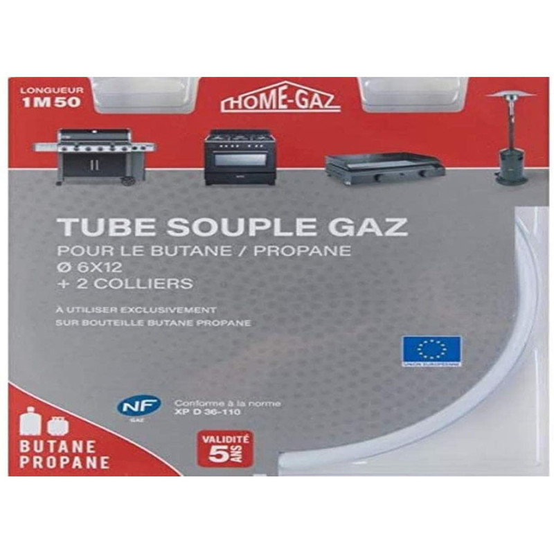 Tube Butane/Propane 6*12 1.5 m + 2 colliers Blanc - MISTRAL HOME GAZ - 6124150