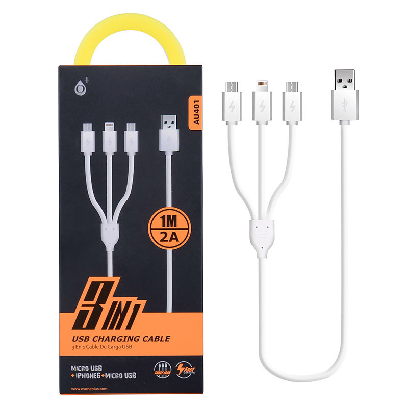 Câble 3en1 2 MicroUSB + 1 pour iPhone 1M Blanc - ONE PLUS - AU401