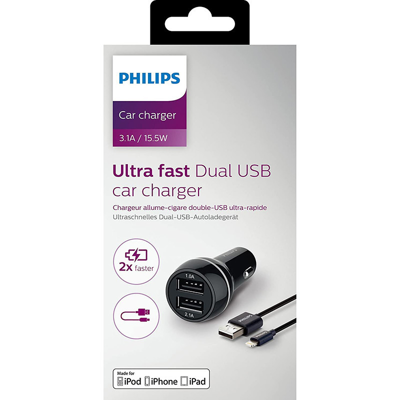 Chargeur Allume-Cigare USB (Auto, USB, 5V, 3,1A) Noir - PHILIPS - DLP2357V/10