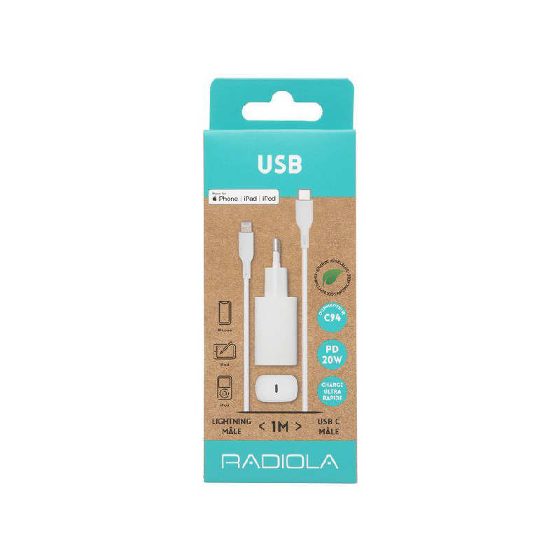 Chargeur + Câble USB-C Lightning Mâle /Mâle 1m Blanc - RADIOLA - FO1028