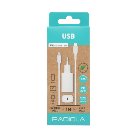 Chargeur + Câble USB-C Lightning Mâle /Mâle 1m Blanc - RADIOLA - FO1028