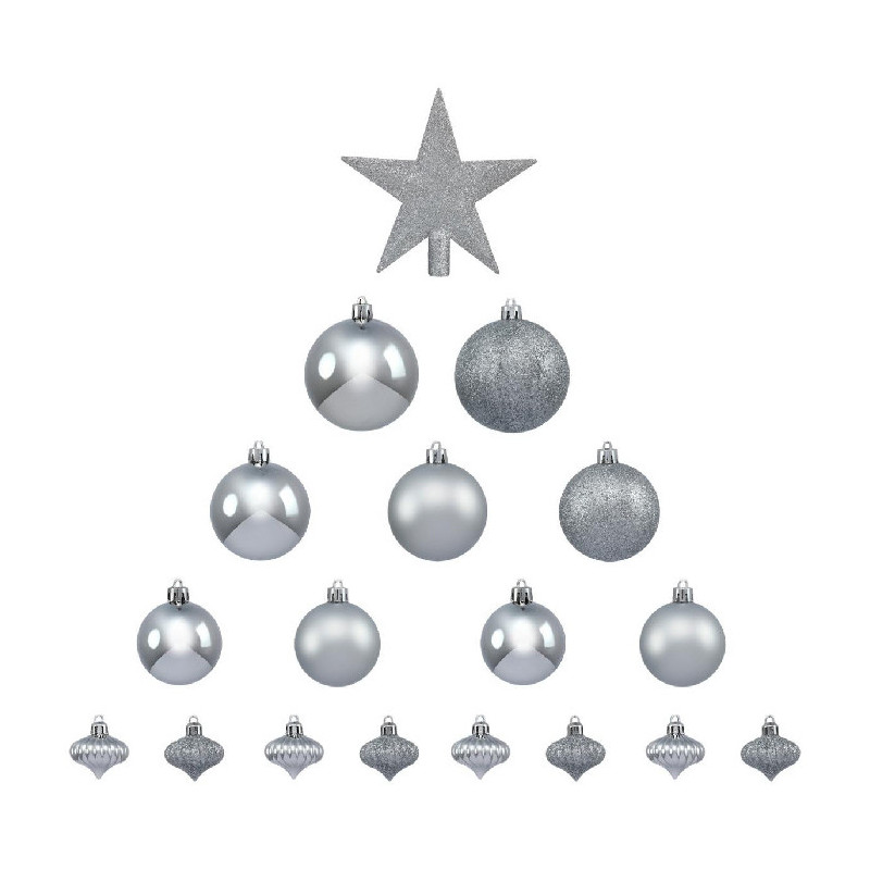 Kit de 18 Pièces Boules & Cimier pour Décoration de sapin de Noël Argent - FÉÉRIC LIGHTS & CHRISTMAS - 113044AR