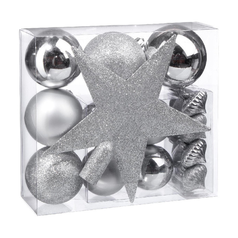 Kit de 18 Pièces Boules & Cimier pour Décoration de sapin de Noël Argent - FÉÉRIC LIGHTS & CHRISTMAS - 113044AR