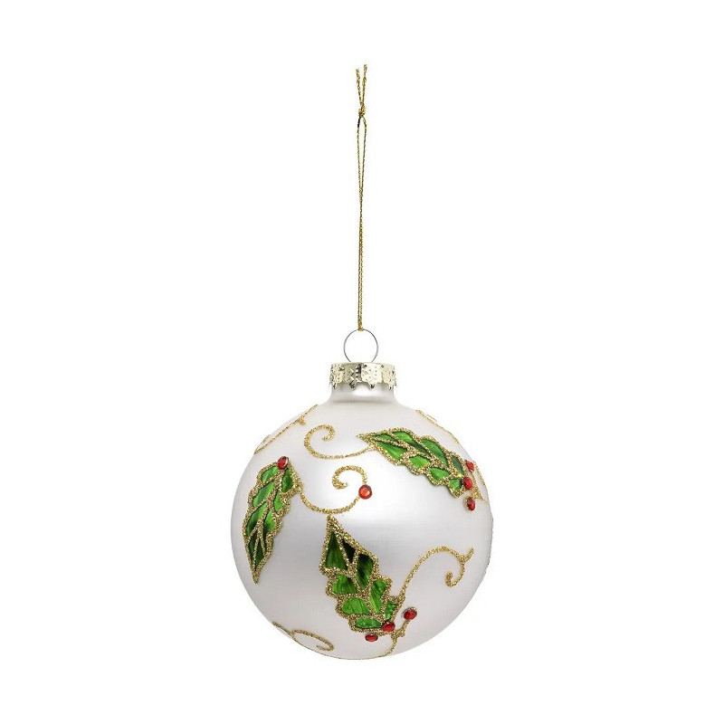 Boule de Noël Verre Houx blanche 80mm - FÉÉRIC LIGHTS & CHRISTMAS - 184515