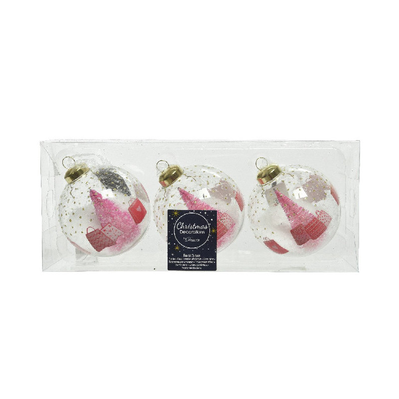 Lot de 3 Boule en Verre Transparent avec sapin Rose Ø8cm - DECORIS - 61507
