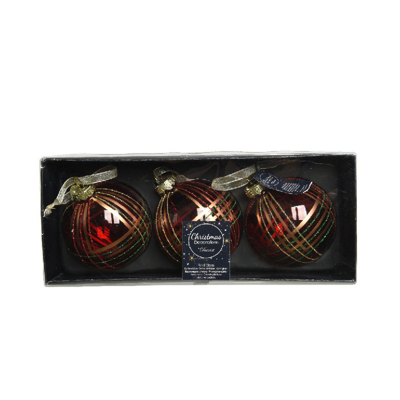 Lot de 3 Boule Verre avec paillettes 80mm Rouge Transparent - DECORIS - 61892