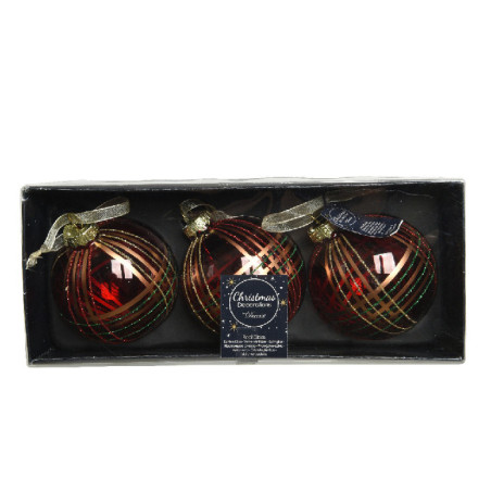 Lot de 3 Boule Verre avec paillettes 80mm Rouge Transparent - DECORIS - 61892