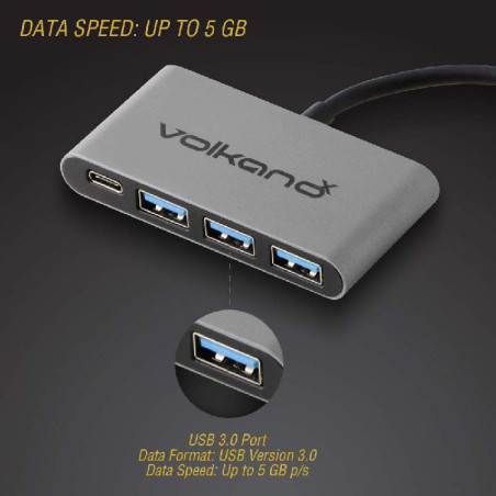 Adaptateur Hub 5en1 USB-C vers 3x USB3.0 +Charge USB-C Silver - VOLKANO - VOL_VK_20058_BK
