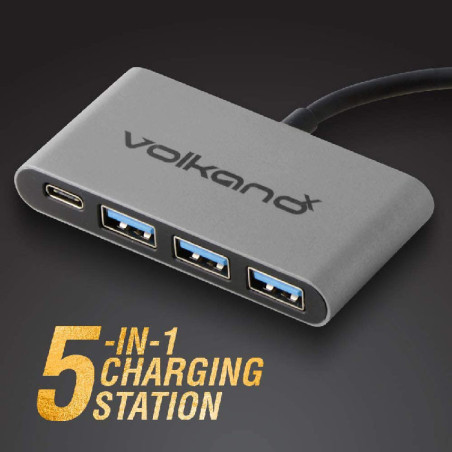 Adaptateur Hub 5en1 USB-C vers 3x USB3.0 +Charge USB-C Silver - VOLKANO - VOL_VK_20058_BK