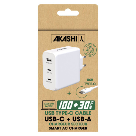 Chargeur Secteur ECO 130W + Cable type-C 100W - AKASHI - ALT30508