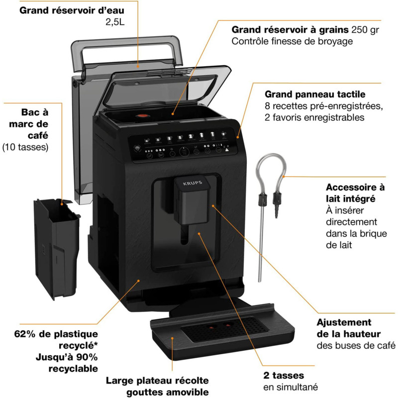 Machine à café Expresso Broyeur Krups Evidence 2.5L 1450W Noir - KRUPS - EA897B10