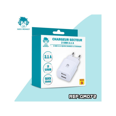 Chargeur Secteur 2 USB 2.1 Blanc - GEEK MONKEY - GM072