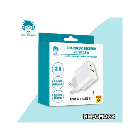 Chargeur Secteur USB + USB-C 3A Blanc - GEEK MONKEY - GM073