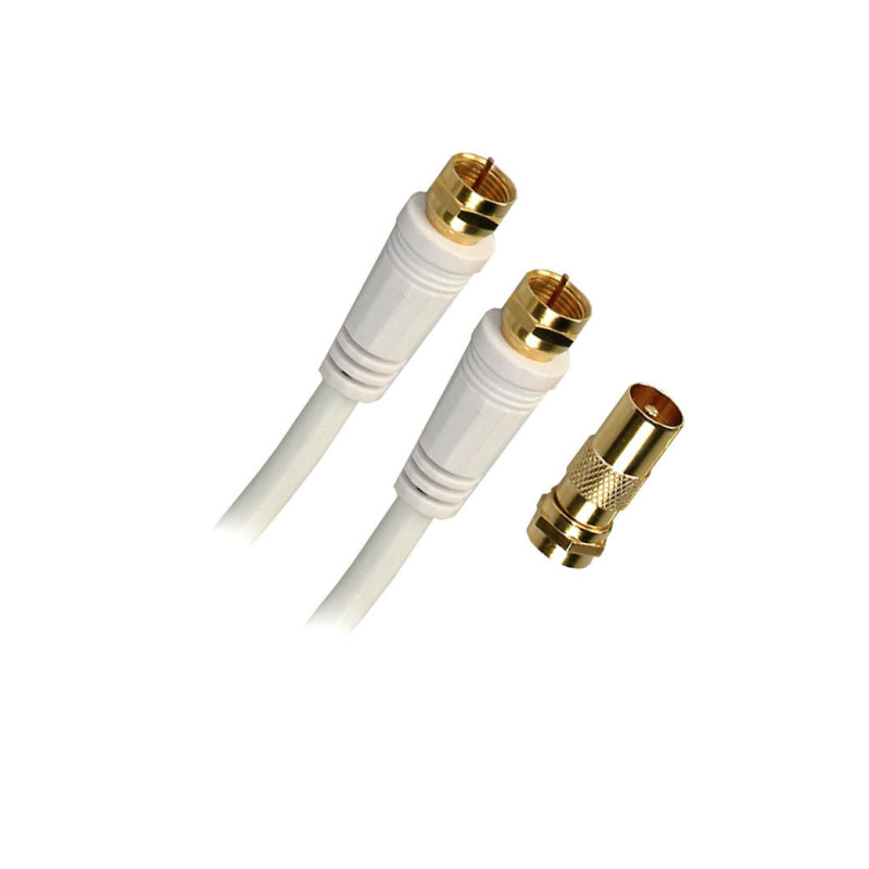 Câble satellite Fiche F Mâle/Mâle Blanc 5m + adaptateur Blanc - APM - 409006