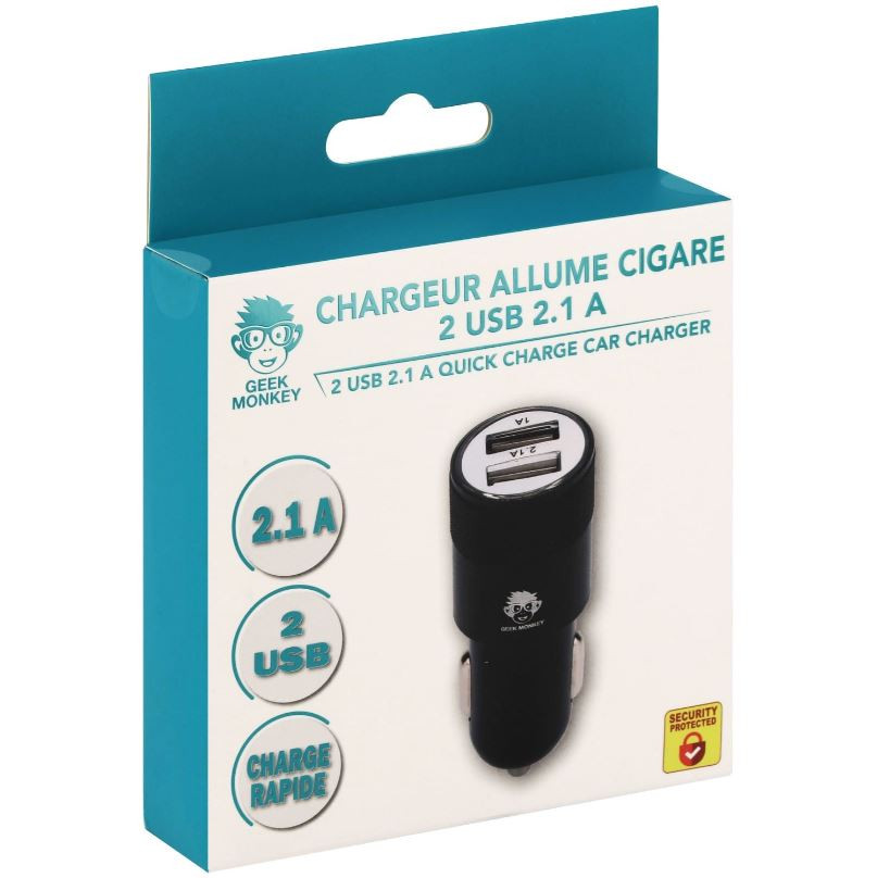 Chargeur allume cigare 2 USB 2.1 A Noir - GEEK MONKEY - GM026 