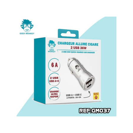 Chargeur allume cigare 2 USB36W Argent - GEEK MONKEY - GM037