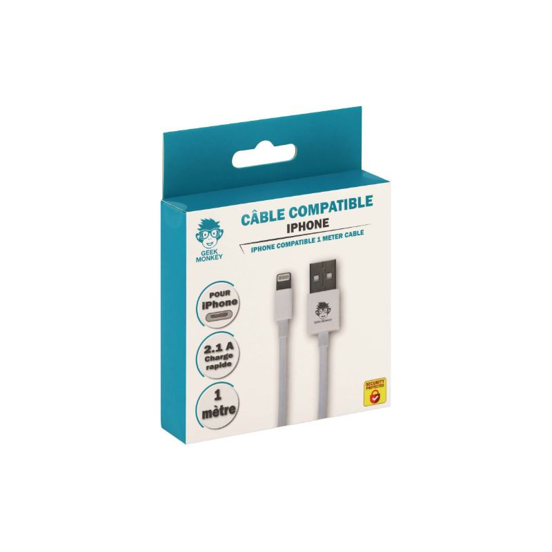 Câble USB-A 2.1 compatible IPhone Lightning 1 m Blanc - GEEK MONKEY - GM022