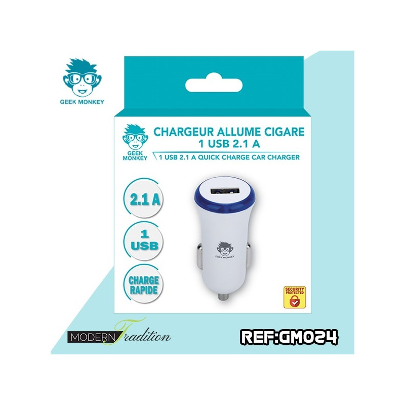 Chargeur Allume Cigare USB 2.1A Blanc - GEEK MONKEY - GM024