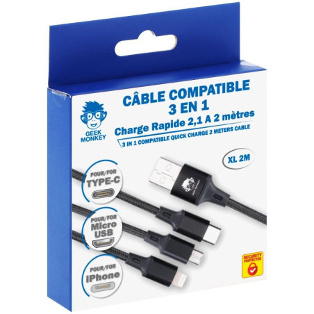 Câble USB-A 2.1 compatible 3en1 2m Noir - GEEK MONKEY - GM070