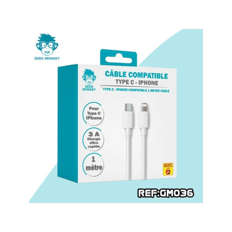 Câble USB-C Vers Lightning 1M Blanc - GEEK MONKEY - GM036