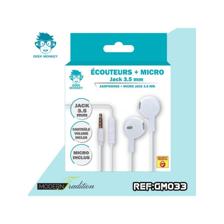 Écouteurs filaire avec Microphone Blanc - GEEK MONKEY - GM033