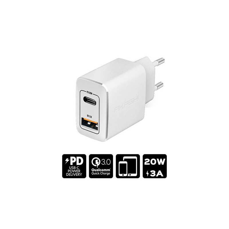 Prise Secteur 20W USB-A QC3.0 + USB Type-C PD Blanc - AKASHI - ALT28901