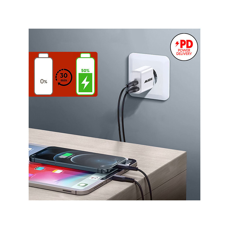 Prise Secteur 38W USB-A QC3.0 + USB Type-C PD Blanc - AKASHI - ALT28918